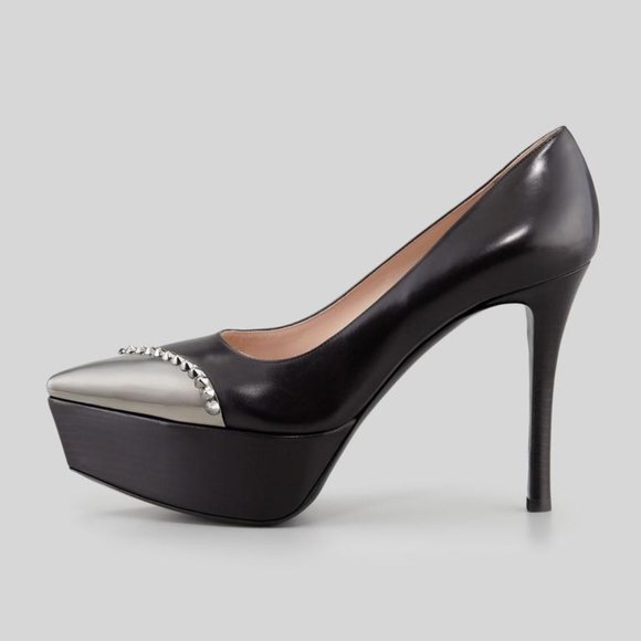 Miu Miu®Black Metal Cap-toe Pump Platforms